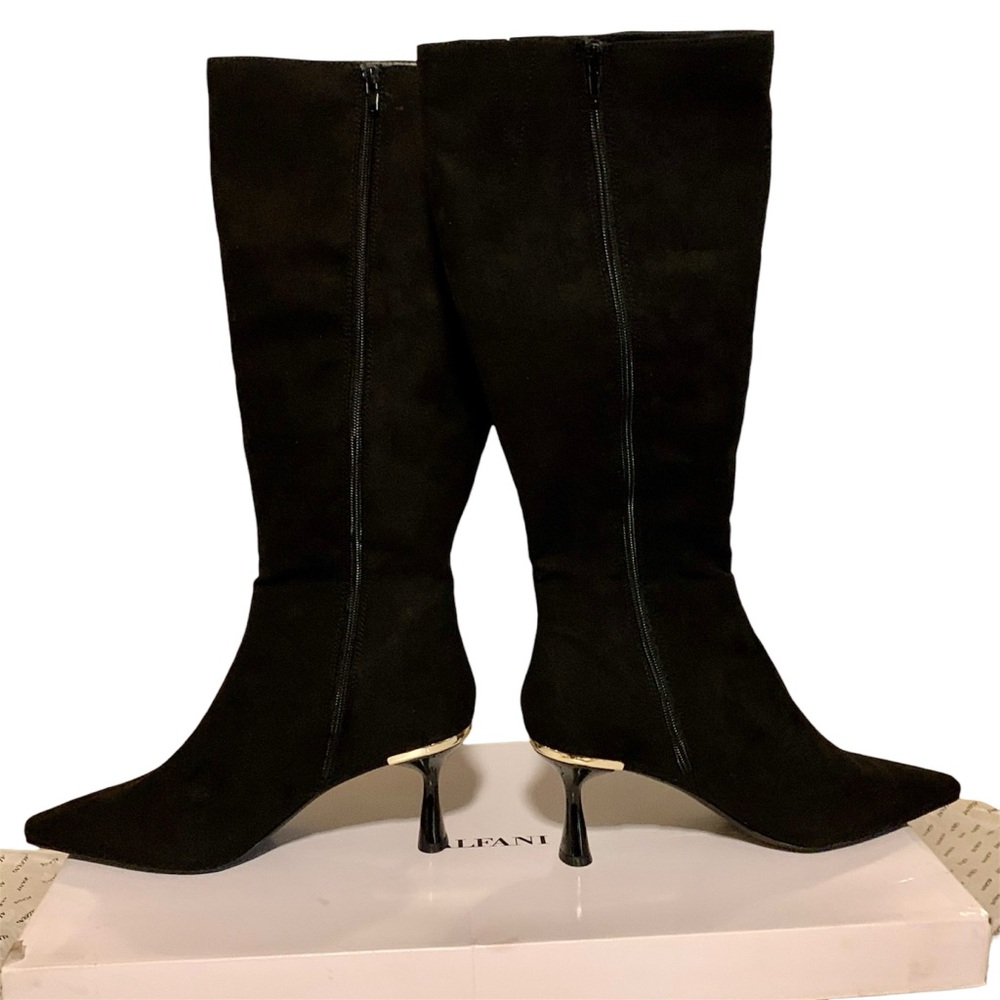 Alfani “Cecee” Black Suede Boots with Gold Heel Detail